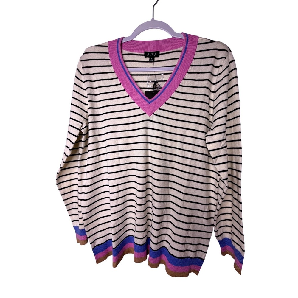 Jones New York Striped V-Neck Sweater Pink Blue Trim Ivory Black Women's M NEW - Picture 2 of 6